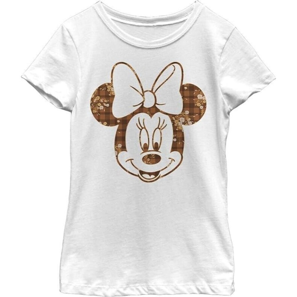 Disney Characters Fall Floral Plaid Minnie Girl's Crew Tee White Small